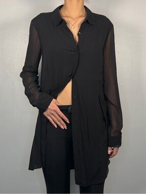 BCBGeneration Black Longline Sheer-Sleeve Button Front Blouse
